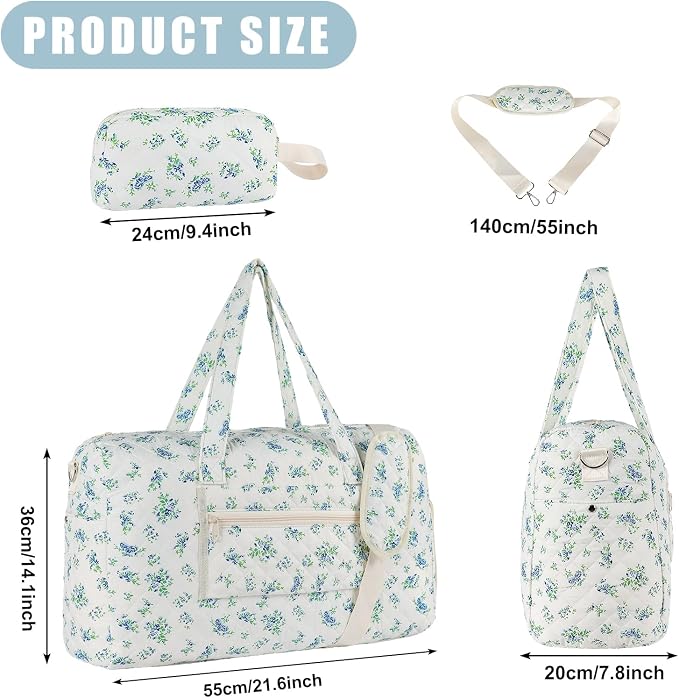 Sage Floral Quilted Weekender Duffel Bag Set with Shoe Compartment | Women's Overnight Hospital Bag for Labor Delivery, Carry-On Travel Duffel with Toiletry Pouch for Gym & Getaway - Image 2
