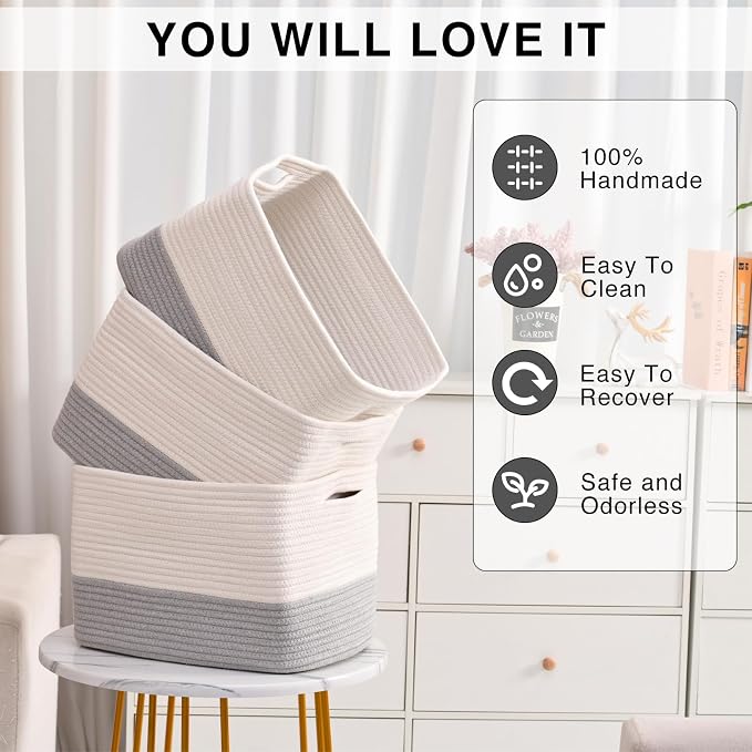 ICERZCZ Storage Baskets for Organizing Shelves, Woven Cotton Rope Bins for Baby Nursery Organization, Book Toy Towel Organizer, 15"x11"x9.5", 3 Packs, Off White & Grey - Image 5