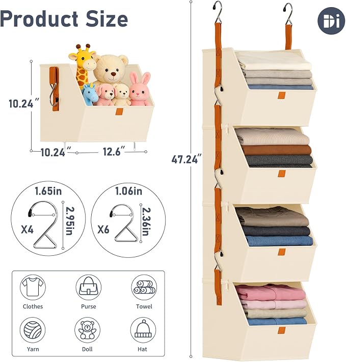 DIMJ Hanging Closet Organizer - 4 Tier Collapsible Hanging Shelves with Hooks Zipper, Fabric Clothes Organizer, Space-Saving Storage Bin Basket for RV, Bedroom, Laundry Organization - Image 3