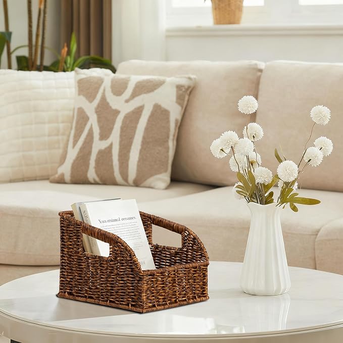 Pantry Organizers, Handwoven Large Wicker Baskets for Shelves, Labeled Storage Baskets for Organizing with Handles - Waterproof Plastic Storage Bins, Boho Decorative, 3Pack, Brown - Image 5