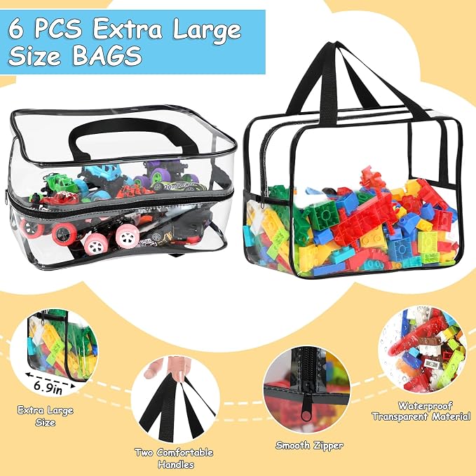 6 Pcs Widen XL Toy Storage Bags Waterproof Clear Toy Organizer with Labels | Reusable PVC Transparent Organizer Bags with Zipper 12.6×9.25×6.9In for Building Blocks, Puzzle, Board Games Travel Storage - Image 3