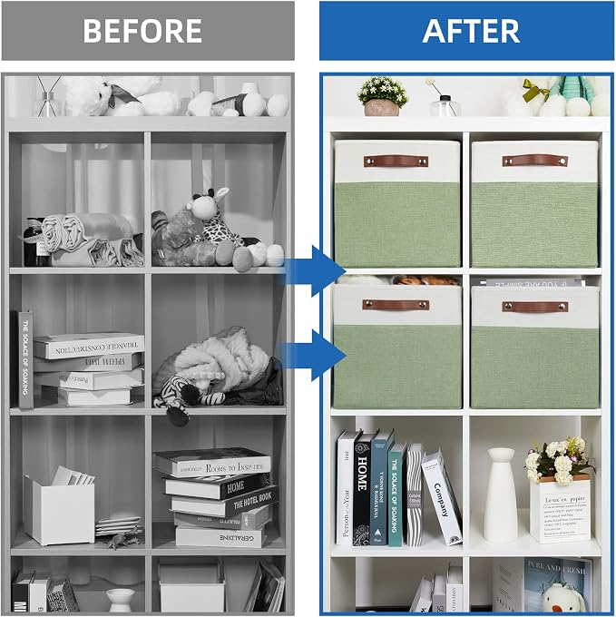 Temary 12 Inch Fabric Storage Cubes Storage Bins with Leather Handles, 4 Pack Cube Baskets Bins for Organizing Closet, Foldable Cloth Baskets for Shelves (White&Green) - Image 4