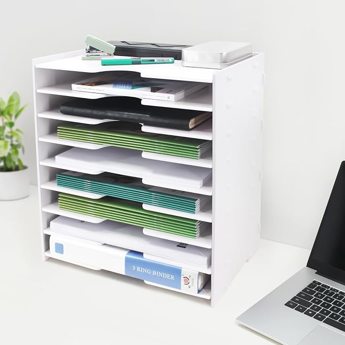 SONGWAY File Organizer for Desk - 9 Tier Wide Document Holder, Letter Mail Tray Storage Rack, File Sorter Organizer, Paper Storage Holder, Desktop Organizer for Home Office School, White - Image 5