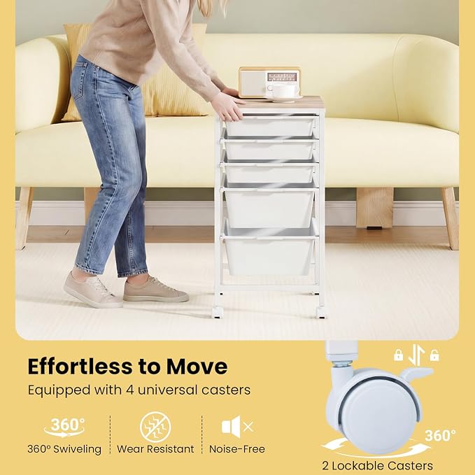 GOFLAME 5-Drawer Rolling Storage Cart, Craft Storage Cart with Wooden Tabletop and Lockable Wheels, Art Cart Supply Storage Organizer with Metal Frame for Home Office Classroom, White - Image 6
