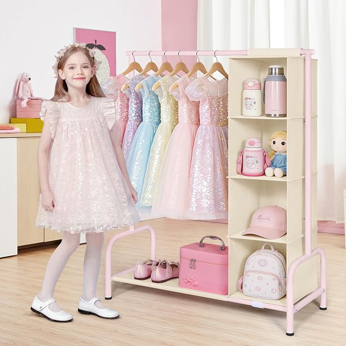 Univivi Kids Clothing Rack with Hanging Organizer, 43 Inch, Pink and Beige | Toddler Dress Up Storage with Bottom Shelf, Sturdy Metal Baby Closet, Toddler Wardrobe Rack for Nursery, Playroom, Bedroom - Image 2
