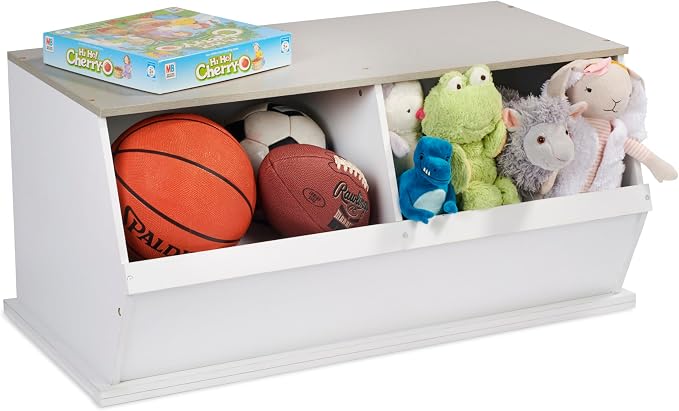 Badger Basket Two Bin Stackable Toy Storage Cubby Organizer – Modular Storage for Toys, Books, and Crafts – Solid Wood Panel – White/Light Gray by BadgerBasket
