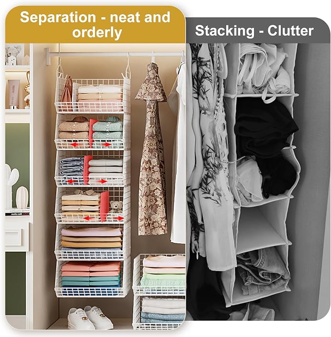 6 Tier Extra Large Hanging Closet Organizer, Closet Storage Hanging with Dividers, Wire Closet Shelf with 5 S Hooks 4 Dividers,Sweater Handbag Hat Accessory Storage Hanger,White - Image 6