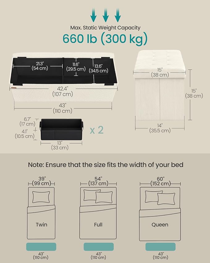 SONGMICS MAZIE Collection - Storage Ottoman Bench, Foldable Foot Rest, 15 x 43 x 15 Inches, End of Bed Bench, Storage Chest, Load 660 lb, Living Room, Bedroom, Entryway, Cream White ULSF604W01 - Image 2