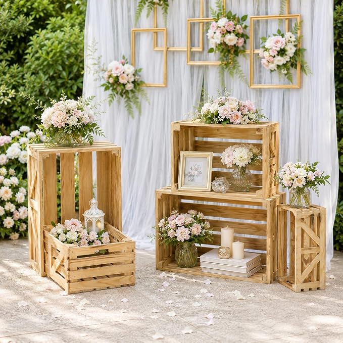5 Pcs Wooden Crates for Display, Nesting Wood Crate for Storage, 5 Size | Farmhouse Weddings Wooden Basket for Storage Container and Decorations, Rustic Wood Crates for Farmers Market, Birthday, DIY - Image 5