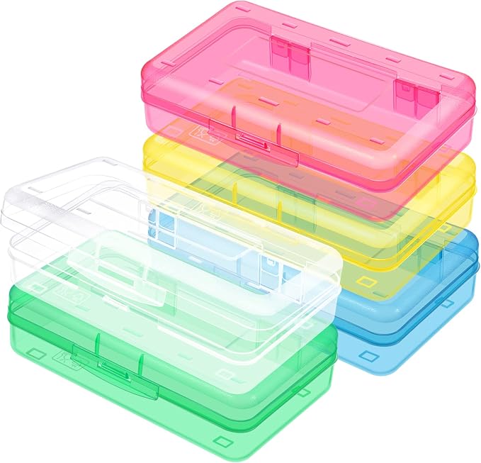 Outus 5 Pcs Plastic Pencil Box Large Crayon Maker Box with Snap Lid Plastic Pencil Case Office Supplies Organizer for Craft Painting Brush (Pink,Yellow,Green,Blue,Clear) by Outus