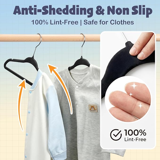 HOUSE DAY 11 Inch Black Velvet Baby Hangers 20 Pack, Premium Kids Hangers | Hanger for Children Infant & Toddler Clothes, Durable Non Slip Baby Felt Hanger for Closet, Ideal for Everyday Use - Image 4