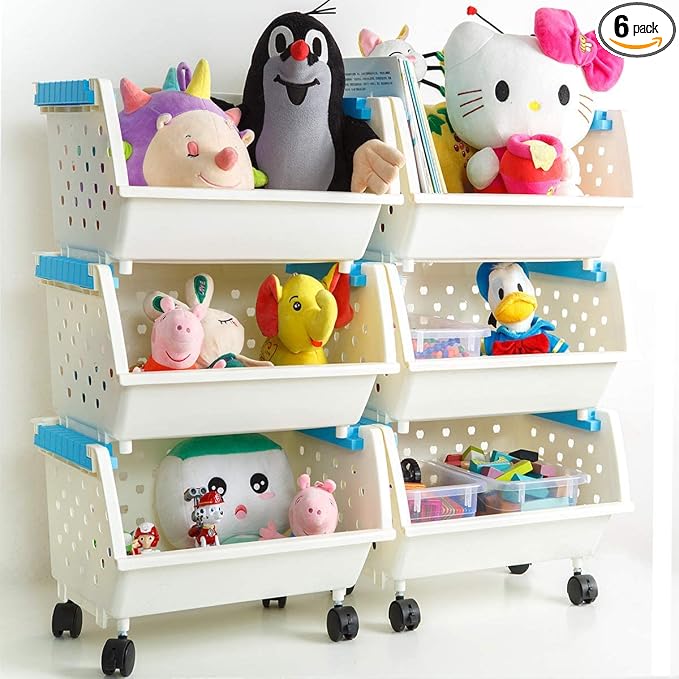 Toys Chest Large Baskets Storage Bins Organizer with Wheels For Kids Can Move EverywhereNatural/Primary (Primary Collection)(6 White) by MAGDESIGNER