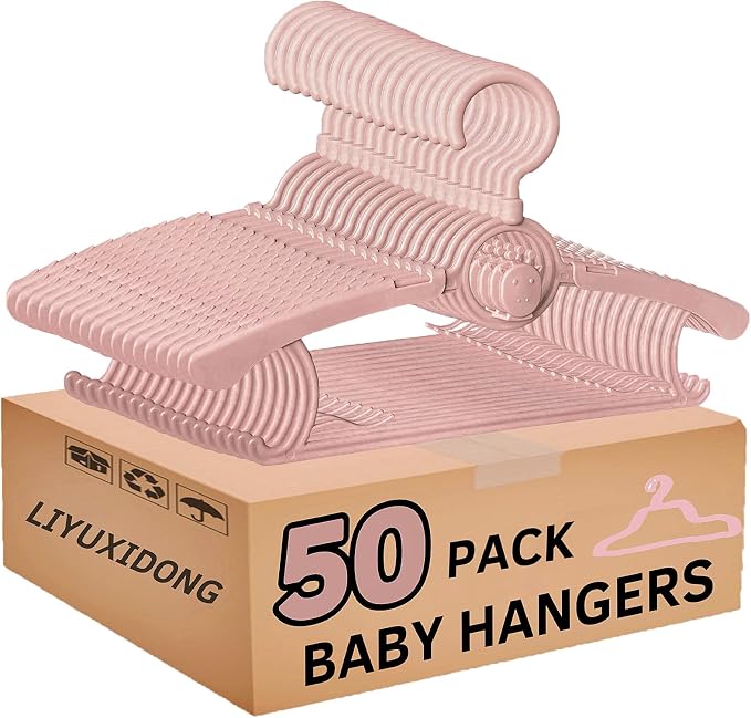 Baby Nursery Closet Hangers, 360° Swivel Hook Kids Hanger, Non-Slip Plastic Infant Hanger, 50pcs Nude Pink 11-14.5" Adjustable Baby Clothes Hangers for Girl Boy Toddler by LIYUXIDONG