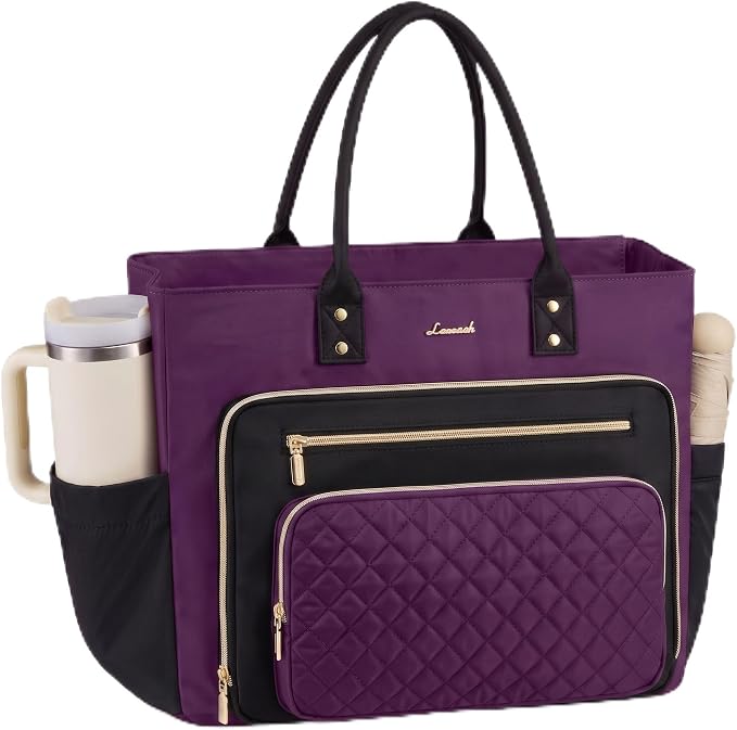 LOVEVOOK Teacher Nurse Diaper Bag, Purple Laptop Tote Bag for Women Work | Fits 15.6 Inch Laptop, With Large Cup Holder & Multi-Pockets, Professional Computer Briefcase, Business Large Purses, Gifts by LOVEVOOK