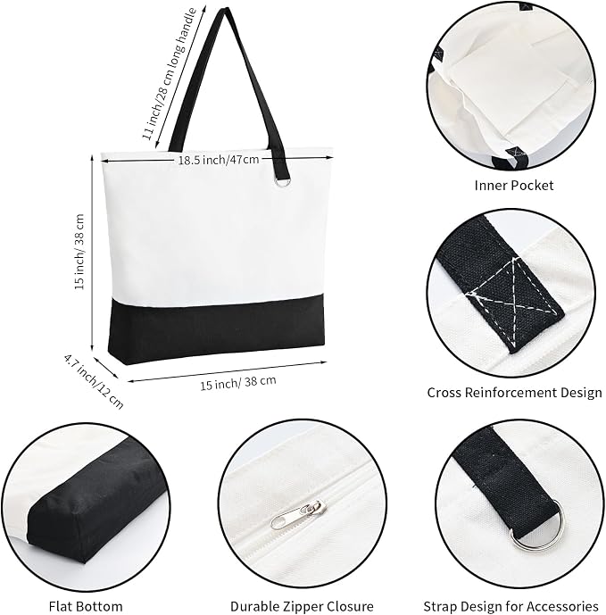 12-Pack Canvas Tote Bags with Zipper, Large Reusable Grocery Tote Bluk | Blank bags, washable, inner pocket, flat bottom, sturdy handle, for sublimation DIY/transfer, travel/beach/Christmas crafts - Image 3