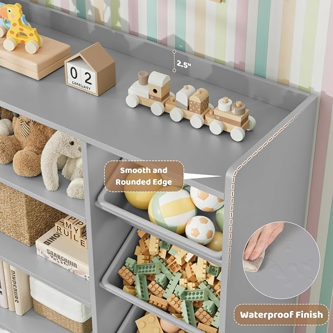 HITHOS 55" W Kids Toy Storage Organizer with 10 Toy Box & Book Shelf, Gray | Large Toy Organizers and Storage with Kids Bookshelf & 6 Plastic Toy Chests & 4 Movable Drawers for Kids Room, Playroom - Image 5