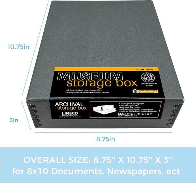Lineco Drop Front Archival Storage Box, 8.75x10.75x3 in, Gray, 2 Pack | Acid-Free with Metal Edge, Preserves Picture Longevity, Organize Photos, Newspapers, Prints, Documents, Crafts, DIY - Image 2