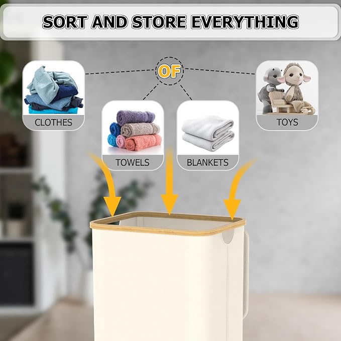Laundry Hamper with Lid, 100L Tall Laundry Basket with Handles, Dirty Clothes Hamper with Removable Laundry Bag for Bathroom Bedroom Dorm Room Clothes Toys Towels (100L Beige) - Image 5