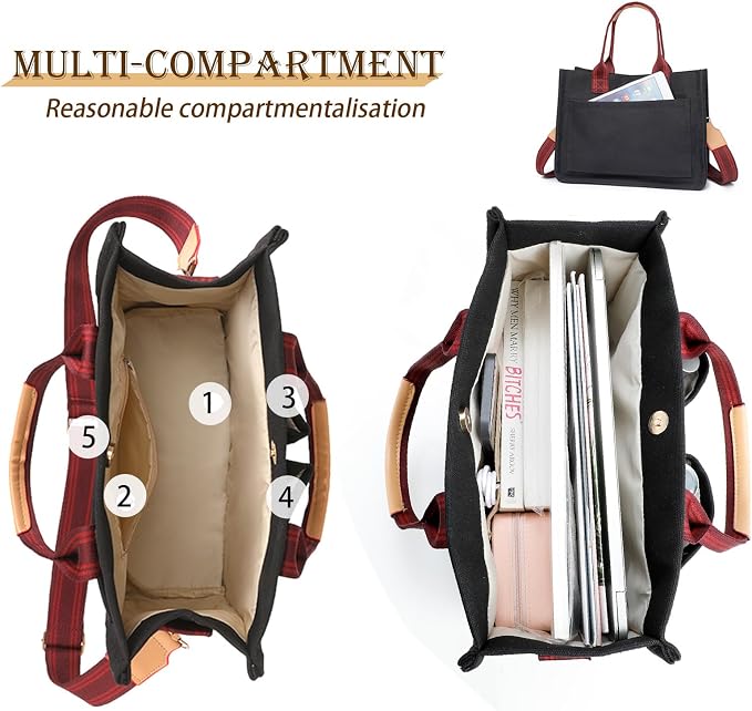Cozary Large Women's Canvas Shopper Bag, Large Tote Bag, Handbag with Many Compartments, Portable as a Handbag, Shoulder Bag or Crossbody Bag, for Work, Office, Travel, Shopping, School, black - Image 4