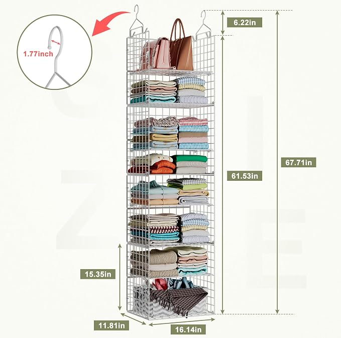 X-cosrack 8-Tier Closet Hanging Organizer Shelf - Hanging Clothes Organizer Shelves, Metal & Foldable Hanging Closet Organizer Baskets with Adjustable Dividers for Clothing Sweaters Shoes Handbags - Image 2