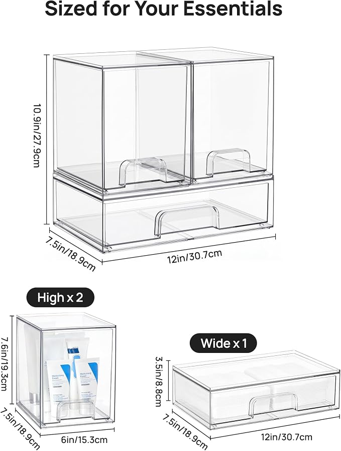 Vtopmart Clear Stackable Storage Drawers Set of 3, Plastic Organizer Bins | Multi-purpose Boxes for Baby Bottle Storage, Ideal for Kichen, Vanity, Bathroom, Undersink, Cabinet, Pantry Organization - Image 2