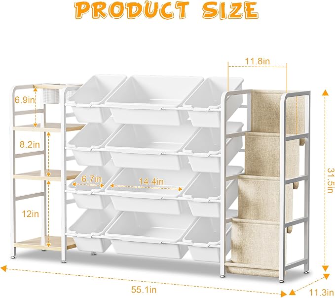 Toy Storage Organizer with 4-Tier Bookshelf, 57" Extra Wide Kids Toy Storage Shelf with 12 Bins, Large Metal Kids Bookcase for Playroom Organization and Nursery Room Decor, White - Image 2