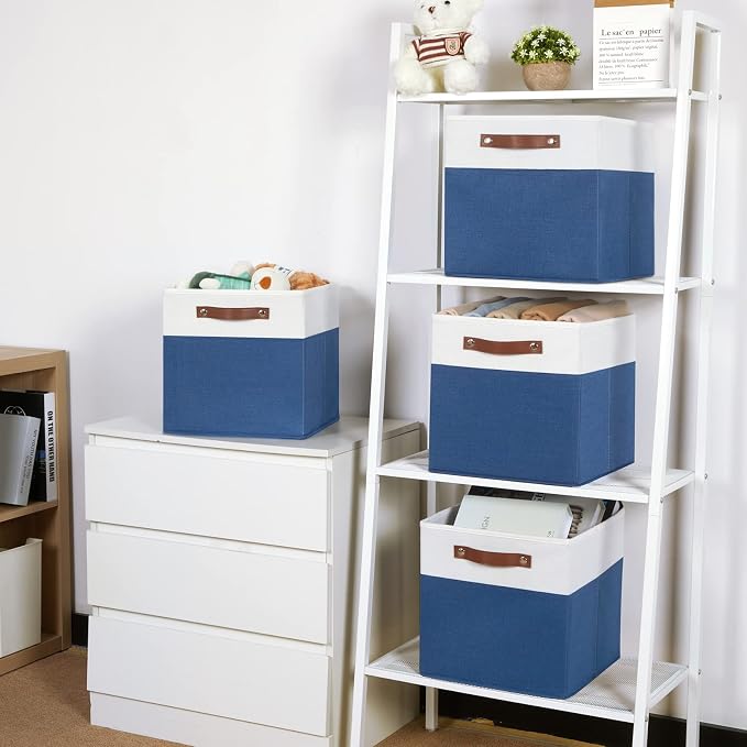 Temary Collapsible Storage Boxes - 12x12 Blue Cube Storage Bins with Handles for Organizing Home, White&Blue - Image 5