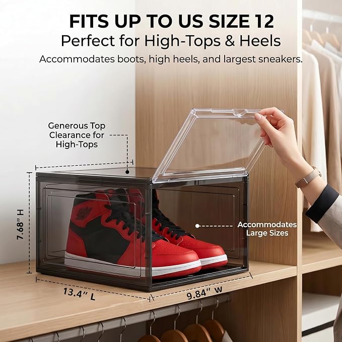 Large Black Shoe Storage Boxes Stackable, 12 Pack Hard Plastic Shoe Storage Organizer with Magnetic Door, Shoe Container Sneaker Storage Display Case Fit up to US Size 12 Black - Image 3