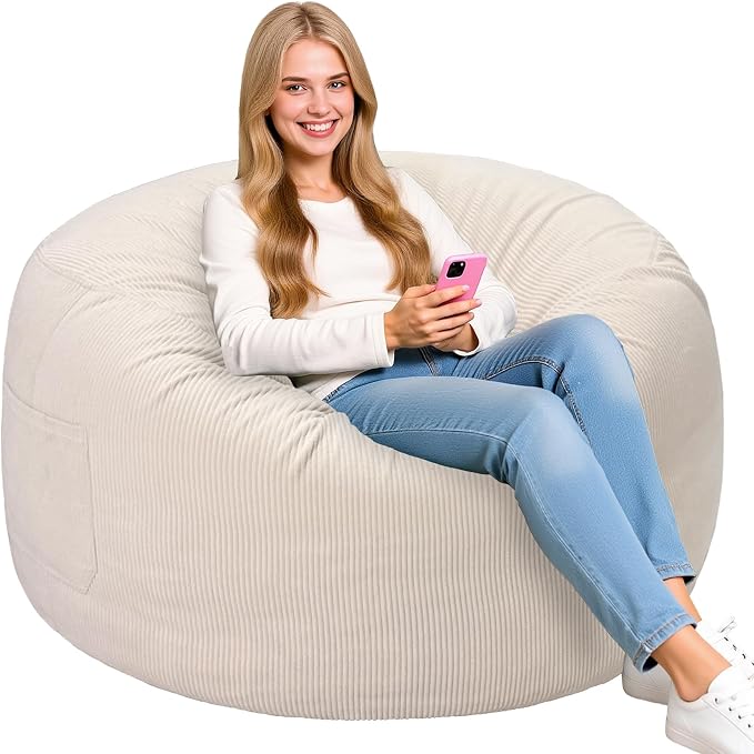 Lukeight Bean Bag Chair for Teens and Adults, Memory Foam Filled Floor Lounger, Washable Velvet Cover with Inner Liner, Beanbag Chair with Filling for Gaming and Reading, Beige, XX-Large 36"D x 20"H by Lukeight