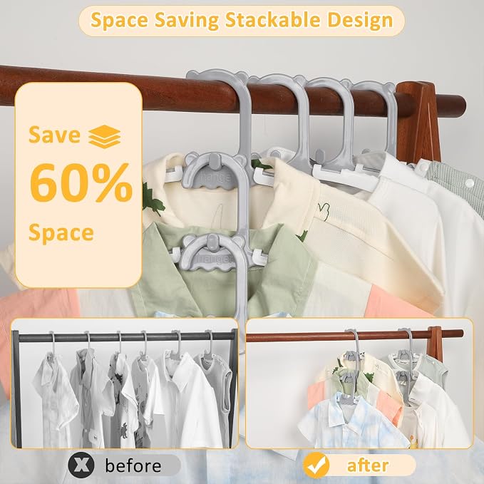 30 Pack Baby Hangers with 16 Clips 11-15 Inch Adjustable Kid Hanger Grey | Multifunctional Children Hanger for Girl Boy Toddler Kids Child - Image 4