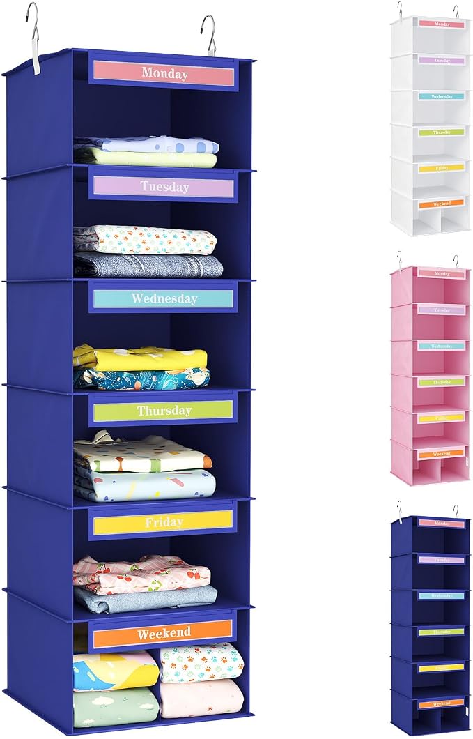 Lifewit 6 Shelf Weekly Hanging Clothes Storage Organizer for Kids, Blue | Closet Storage with Color Labels for School Outfits, Daily Clothing Divider with Days of The Week Monday to Friday Weekend by Lifewit