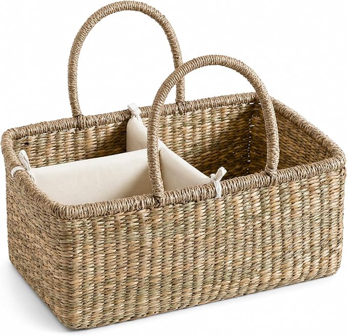 Premium Wicker Baby Diaper Caddy Organizer, Woven Seagrass Basket with Handles, Diaper Basket with Dividers (Rectangle) by Unknown