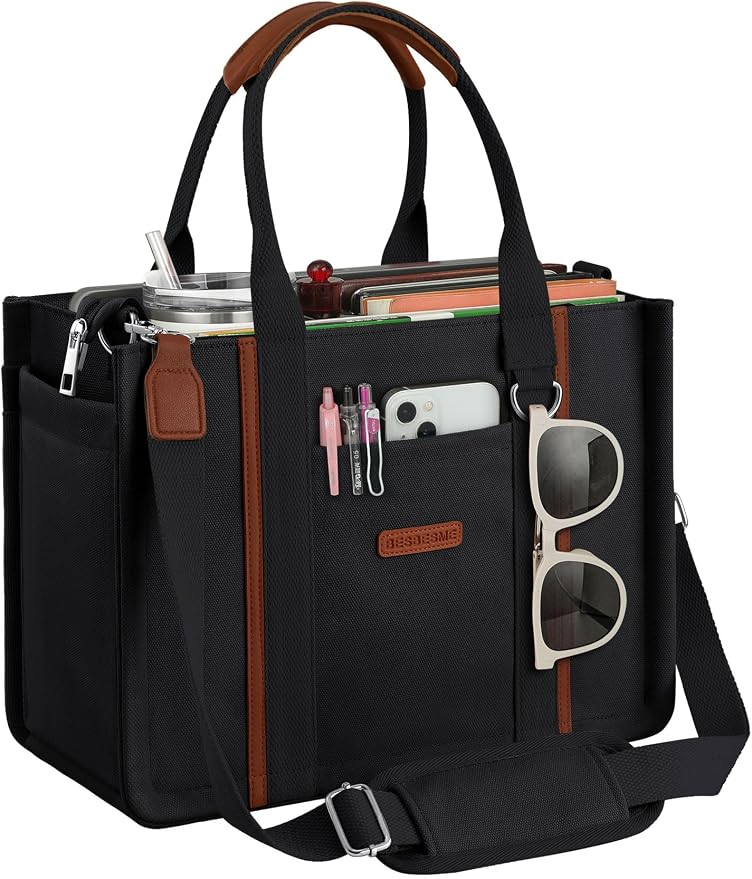 BESBESME Women’s Canvas Tote Bag with Zipper and Compartments – Multi-Pocket Laptop Work Crossbody Shoulder Tote Purse - Image 8