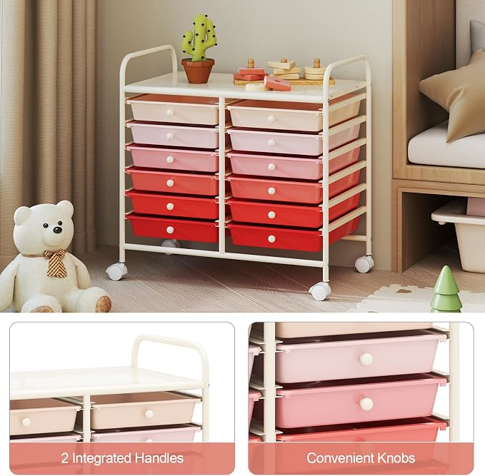 RELAX4LIFE 12-Drawer Rolling Storage Cart - Mobile Utility Cart on Wheels for School Classroom Teacher Office Salon, Paper File Art Supply Craft Organizer, Rolling Cart with Drawers (Gradient Pink) - Image 6
