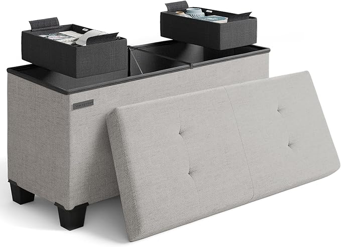 Storage Ottoman Bench with Bins, 30-in Storage Bench for Bedroom End of Bed, Folding Foot Rest Ottoman for Living Room Max 660lbs, Fabric Ottomans, Light Grey by STORAGEBUD