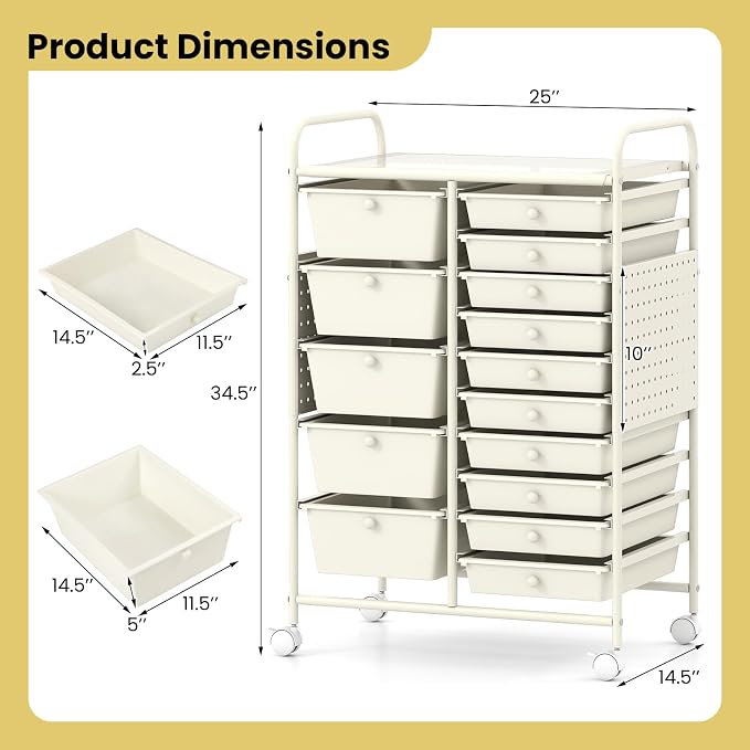 DREAMADE 15-Drawer Rolling Storage Cart, Craft Organizer Cart, White | Mobile Utility Cart with Metal Pegboard Panels, Tabletop and Lockable Wheels for Classroom, Office, Studio and Playroom - Image 3