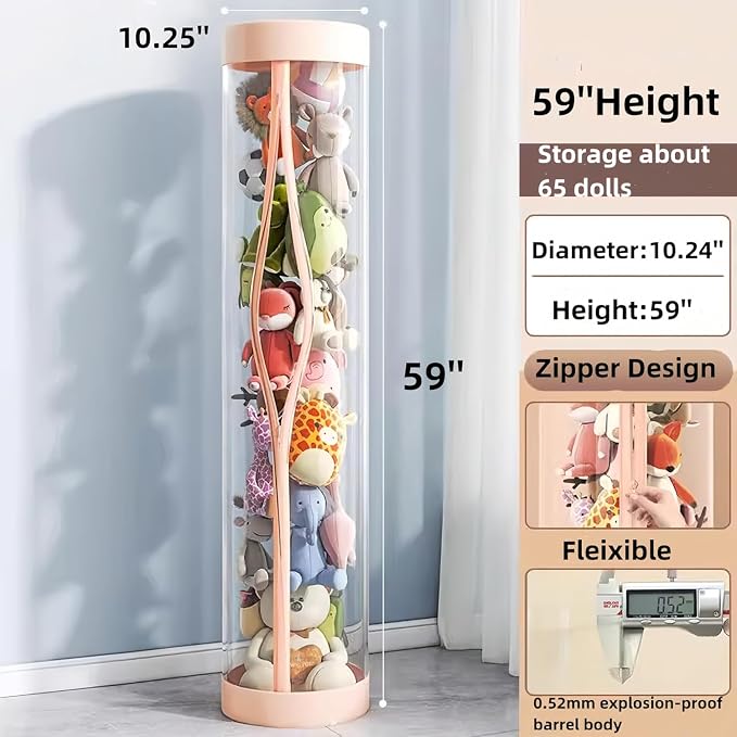 Upgraded Stuffed Animal Storage Tube,Tall (150cm) Plush Organizer with 4 Wheels,Pink PET Clear Bucket & Double Zipper, Space-Saving Toy Storage for Kids Room,Tidy Zoo Bin for Stuffed Animals - Image 2