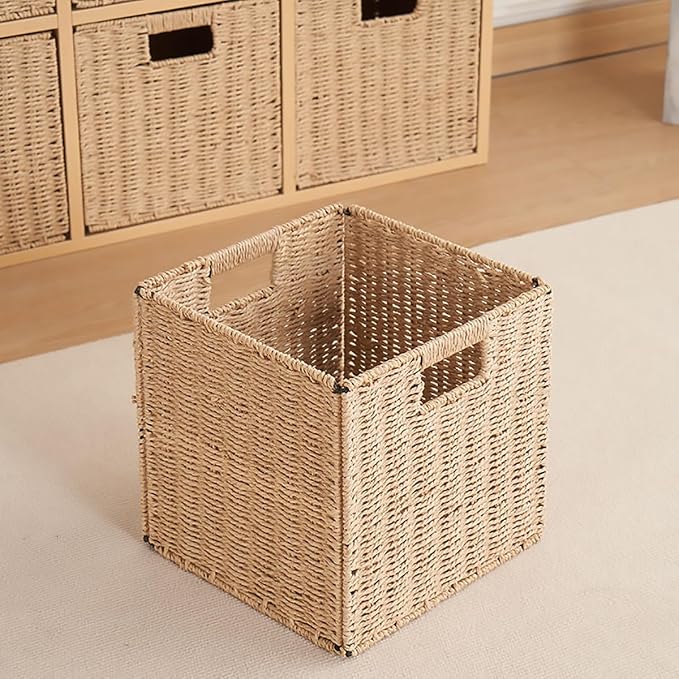 5Pcs Woven Shelf Baskets, 10.5'' Paper Rope Handmade Open Storage Bins, Light Brown Pantry Baskets Organization Basket Foldable Storage Bins for Bedroom, Cubby Cubes Wicker Basket with Handles - Image 2