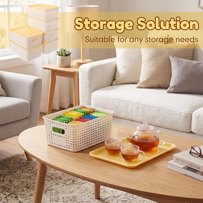 12 Pack Plastic Storage Baskets with Lids Stackable Organizing Bins Storage Baskets Organizers and Containers for Closet, Pantry, Office, 10.2 x 7.2 x 4.1 Inches(Cream White) - Image 5