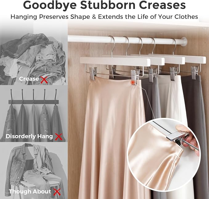 HOUSE DAY Wooden Pants Hangers with Clips, 25 Pack Skirt Hangers, White | 14-Inch Wood Hangers with Adjustable Non-Slip Metal Clips & 360° Swivel Hooks, Heavy Duty for Jeans, Slacks, Trousers, Shorts - Image 7