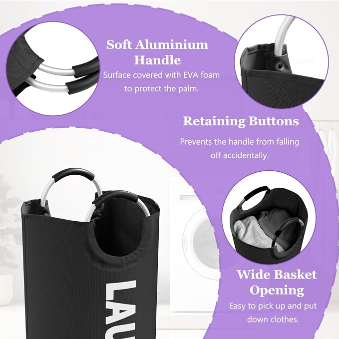 95L Foldable Laundry Basket, Large Clothes Hamper with Handle for Family | IHOMAGIC 2PCS Freestanding Dirty Clothes Hamper, Laundry Bin,Portable Storage Basket For Apartment, Hotel, Dorm, Black+Purple - Image 5