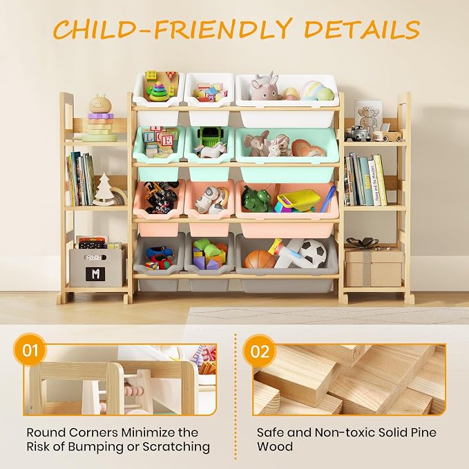 EXPERLAM Extra Large Toy Storage - Toy Storage Organizer, Wooden Toy Organizer with 6 Side Shelves and 12 Bins, 3-in-1 Bookshelf for Kids Rooms, Playroom, Nursery, Multi Color - Image 5