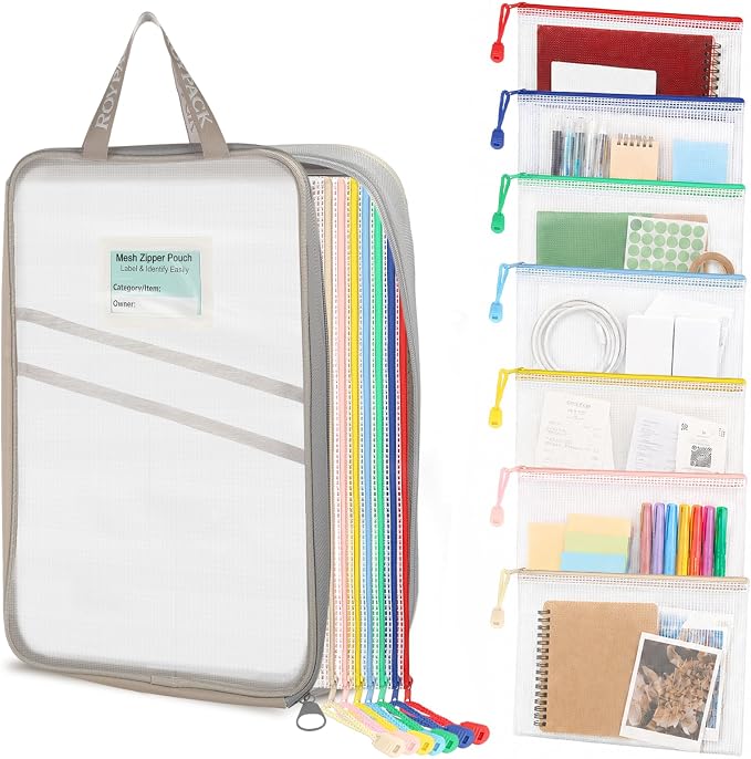 7 Pack PVC Mesh Zipper Pouch Set with 1 Organizer Bag, 8pcs | A4 Letter Translucent PVC File Bags for Office Papers College Handouts Receipts Contracts and Travel Documents by ROYPACKStorageSolutions