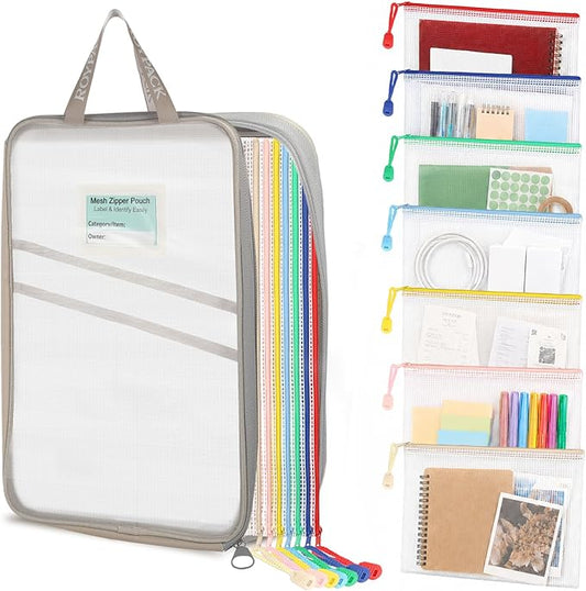 7 Pack PVC Mesh Zipper Pouch Set with 1 Organizer Bag, 8pcs | A4 Letter Translucent PVC File Bags for Office Papers College Handouts Receipts Contracts and Travel Documents by ROYPACKStorageSolutions