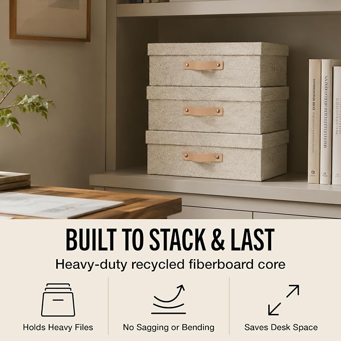 Bigso Oskar Fiberboard Document Storage Box with Lid for A4 and Letter Size Papers - Stylish, Sturdy, and Stackable Keepsake Box with Leather Handle - W10.2in x D13.8in x H3.3in - Waves Gold - Image 3
