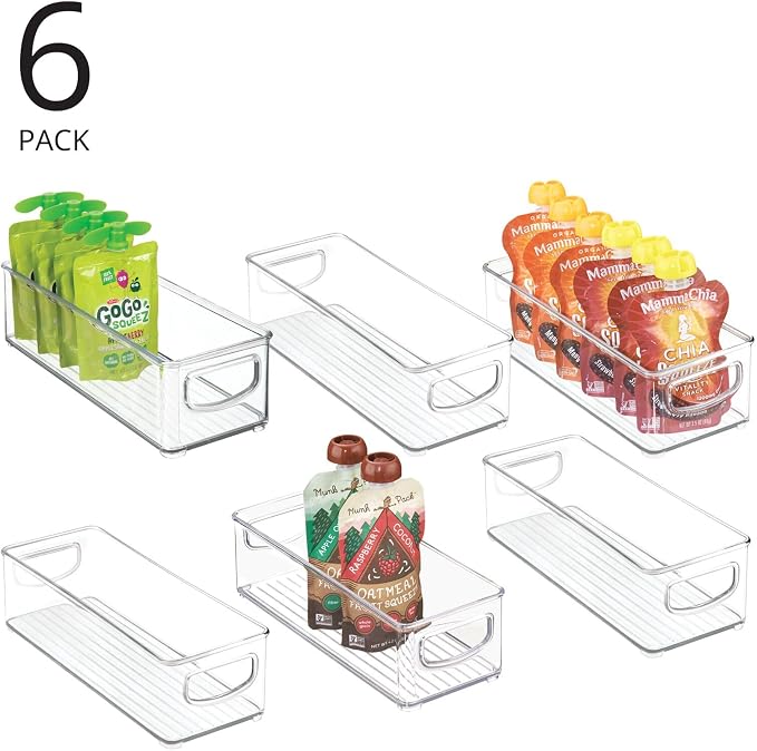 mDesign Plastic Stackable Small Organizing Bin Kitchen Pantry Cabinet, Refrigerator, Freezer Food Organization Storage Bins with Handles, Drawer Container Organizer, Ligne Collection, 6 Pack - Clear - Image 2