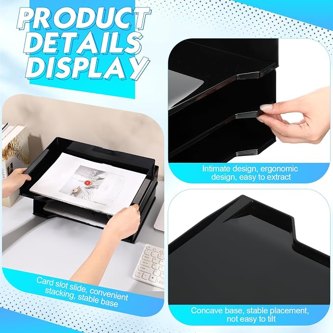 DoubleFill 4 Pcs Stackable Letter Tray Plastic Paper Tray, Black | 13 x 9.5 x 2.6 In, Rectangular, Paper Holder, File Tray for Desktop Office Desk Drawers - Image 4