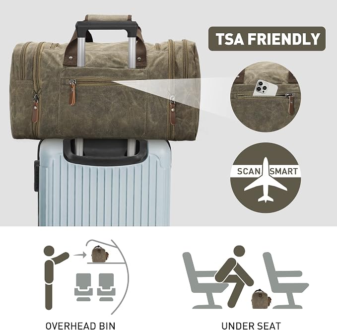 Wildroad Waxed Canvas Duffle Bag - 50L Weekender Overnight Travel Bag | Gifts for Men, Holiday Birthday Gift for Dad, Husband & Partner, Carry-on Size - Image 6