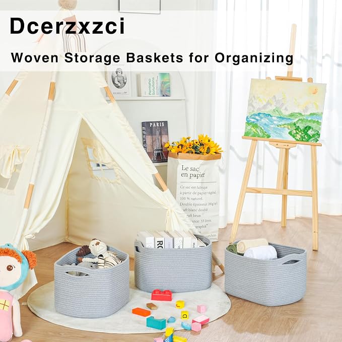 Grey Storage Baskets for Organizing Shelves, Woven Cotton Rope Basket for Storage, Gray Baskets for Toys, Cute Shelf Basket for Living Room Bedroom, 14.8"×11"×9.5", Pack of 3, Grey - Image 6