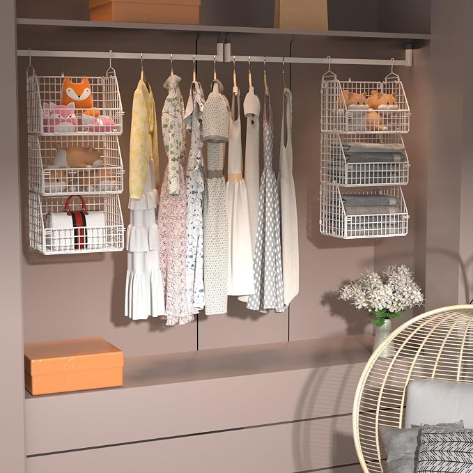 PUPPYCUTE Hanging Closet Organizer and Storage, Clothes Hanging Shelves Wire Baskets for Clothing Sweaters Purse Handbags Shoes White 3 Tier - Image 2